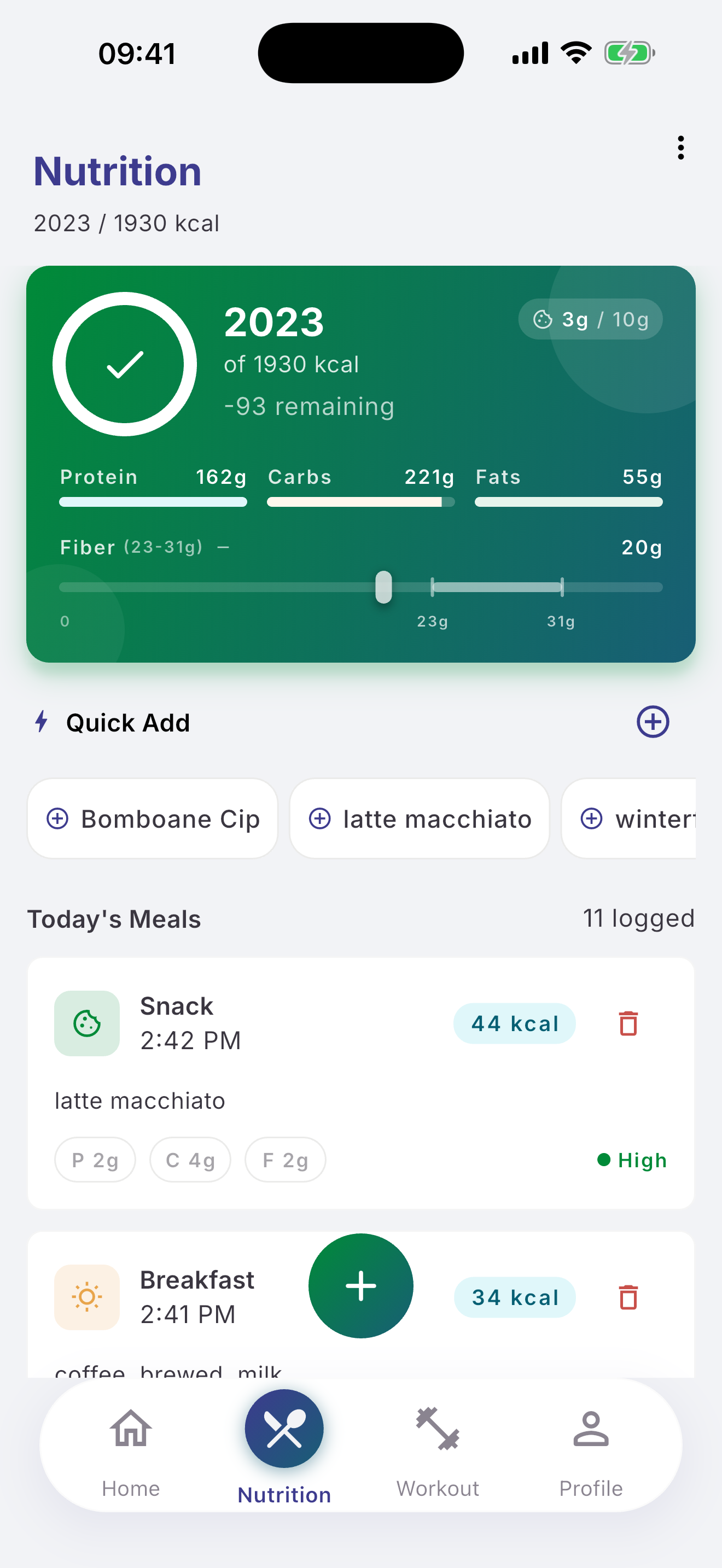 Nutrition tracking Kaivro nutrition screen showing daily macros, quick-add chips, and today's meals