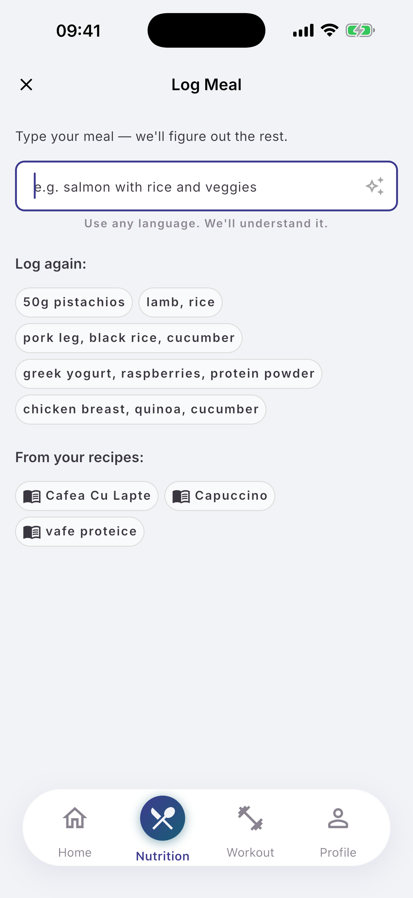 Logging a meal in natural language on the nutrition screen