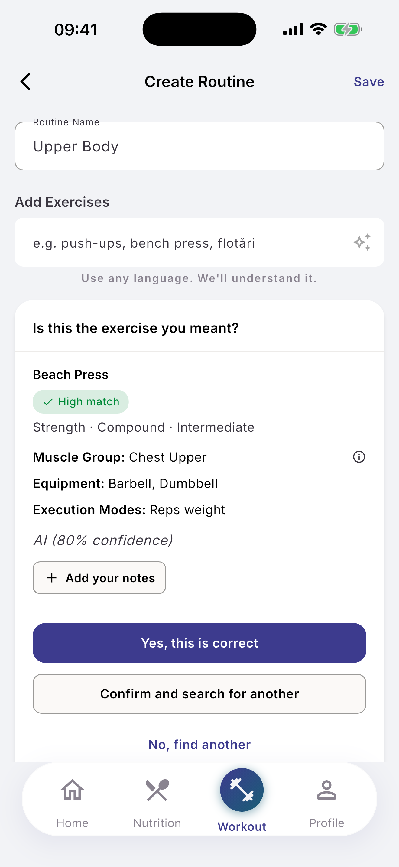 Create Routine screen with AI exercise detection