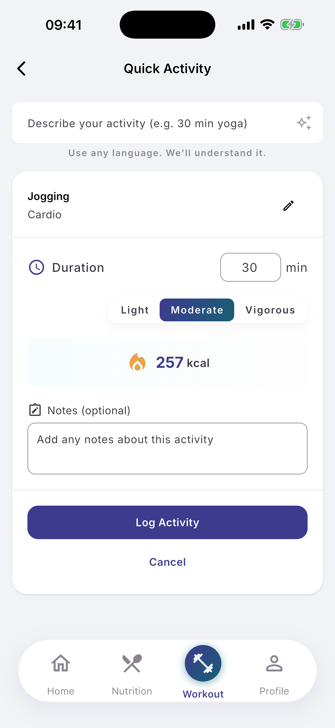 Quick activity logging on the workout screen