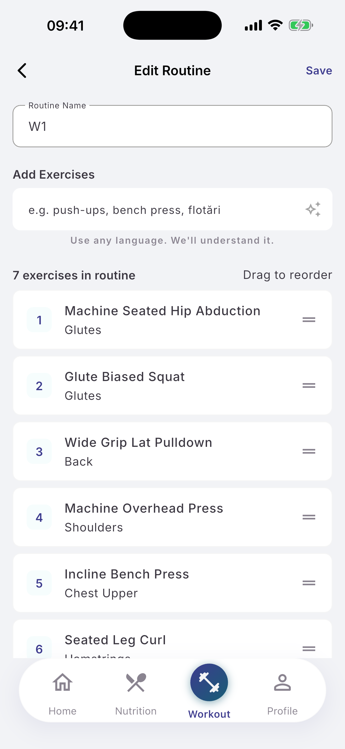 Routine with exercises that can be reordered