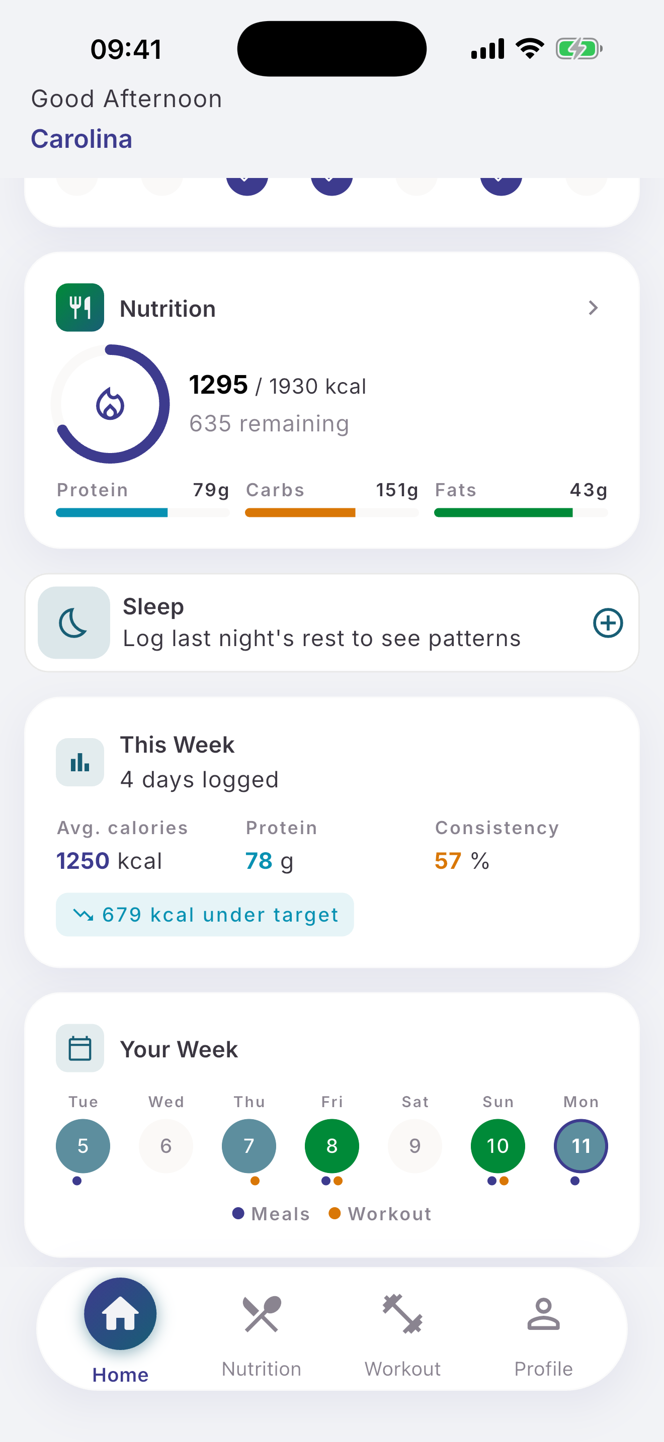 Lower dashboard showing weekly workout summary