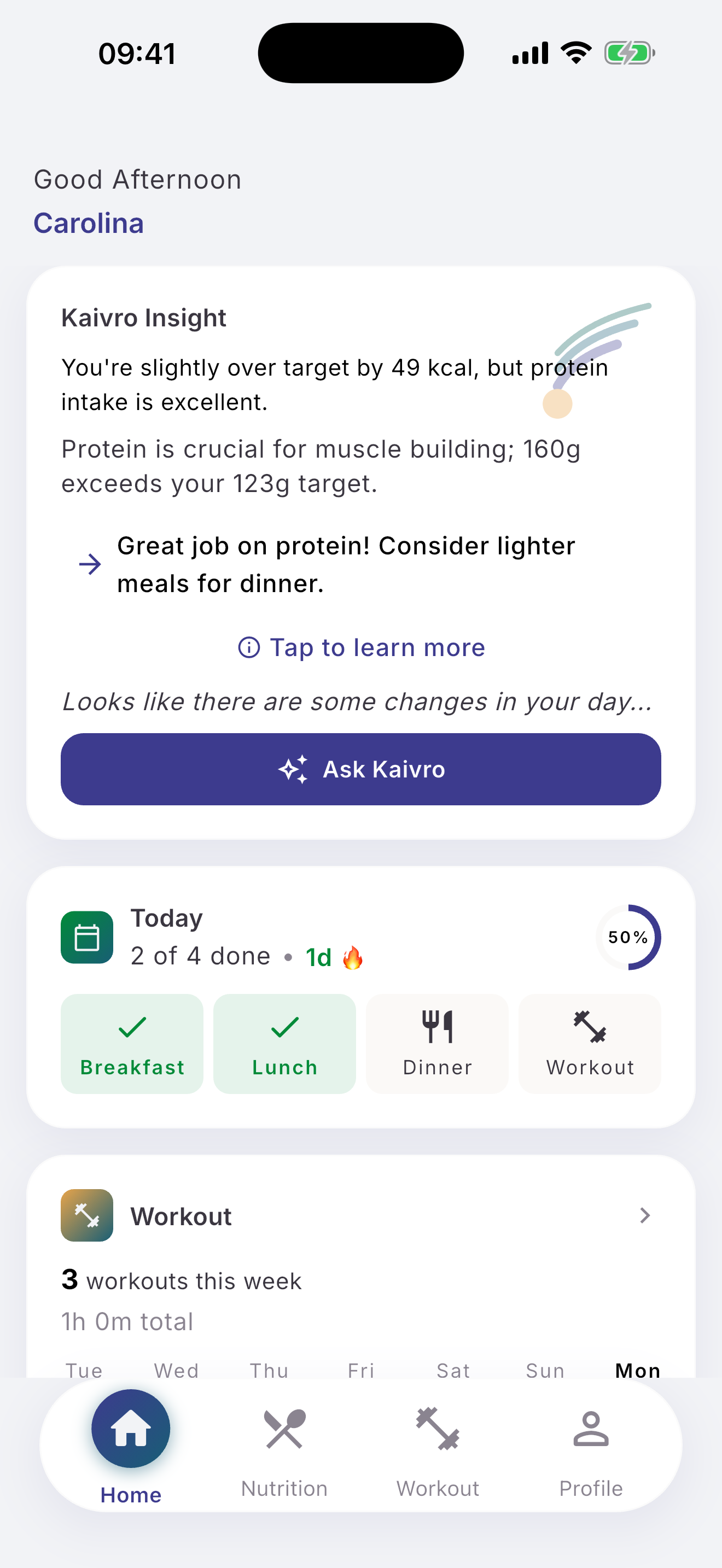 Kaivro dashboard showing an AI insight and today's progress